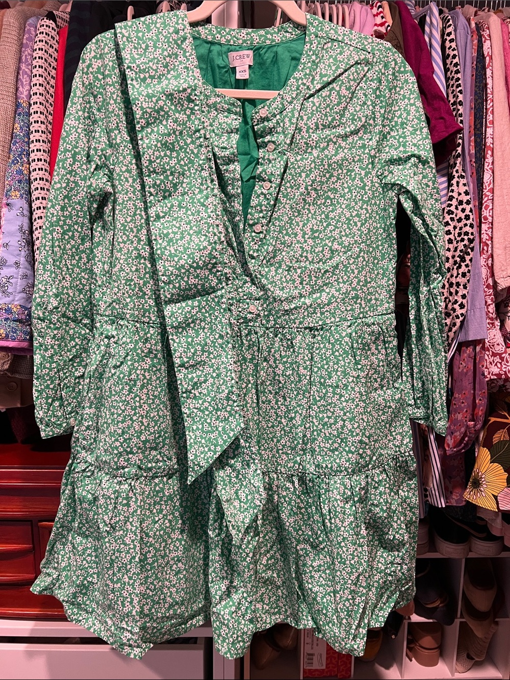 J. Crew Green Small Floral Tie-Neck Tiered Dress